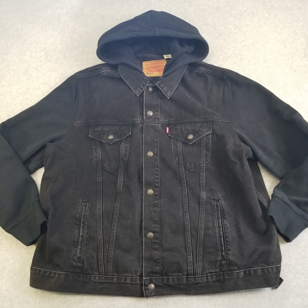 Levis Trucker Jacket Men's XXL Black Hybrid Hoodie Denim Button Up Hooded